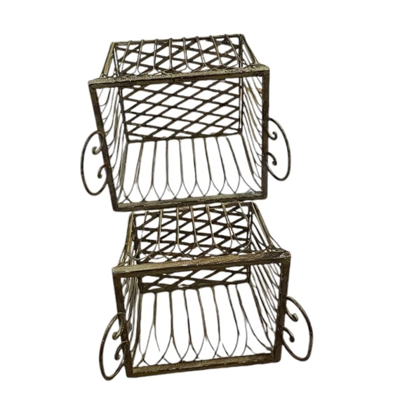 Vintage Wrought Iron Square Ornate Handles Basket Sage Green, Set Of 2 - Picture 3 of 13